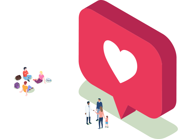 Illustration of giant heart speech bubble with small people