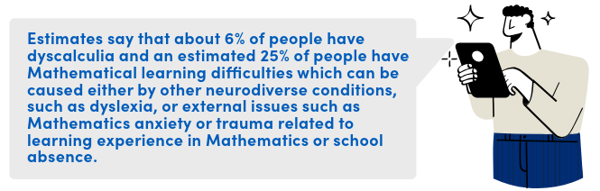 Estimates say that about 6% of people have dyscalculia and an estimated 25% of people have Mathematical learning difficulties which can be caused either by other neurodiverse conditions, such as dyslexia, or external issues such as Mathematics anxiety or trauma related to learning experience in Mathematics or school absence.