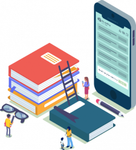 Illustration of giant phone and books surrounded by small people