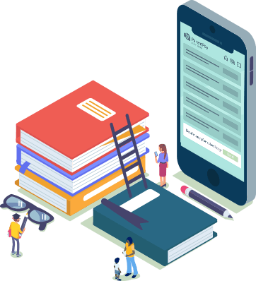Illustration of giant phone and books surrounded by small people