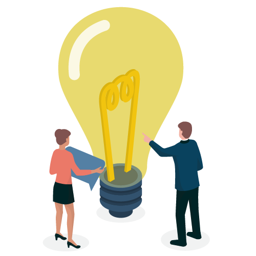 A man and a woman looking at a big yellow lightbulb
