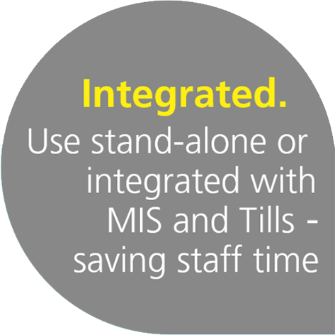 Integrated. Use stand-alone or integrated with MIS and Tills - saving staff time