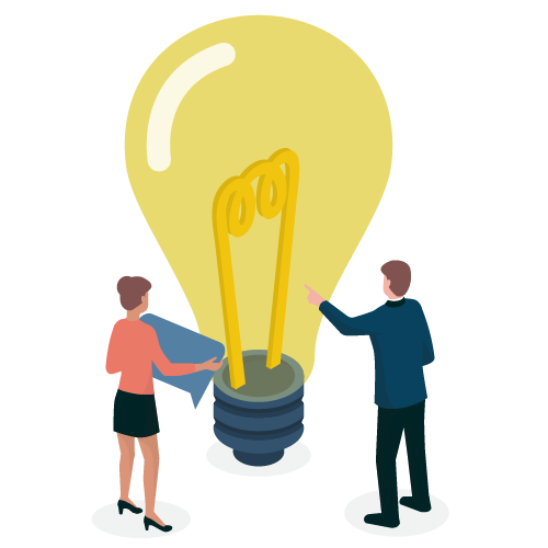 An illustration showing a man and woman pointing at a lightbulb