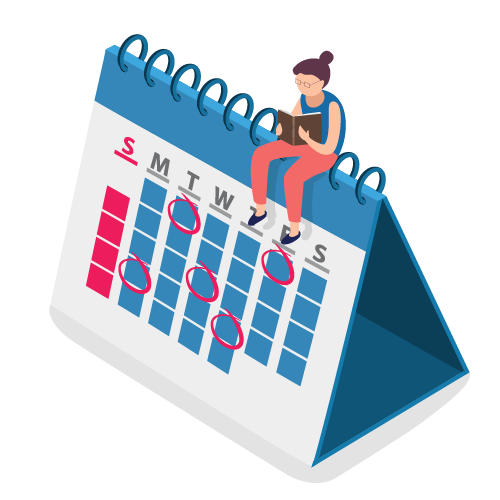 An illustration showing a woman siting on a calendar reading a book. The calendar shows days of the week with some encircled