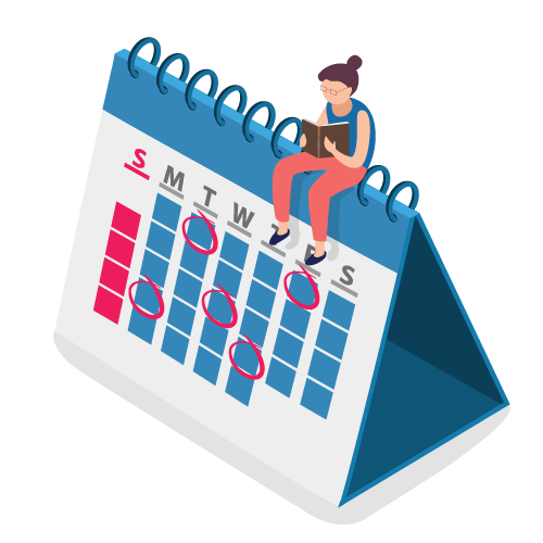 An illustration showing a woman siting on a calendar reading a book. The calendar shows days of the week with some encircled