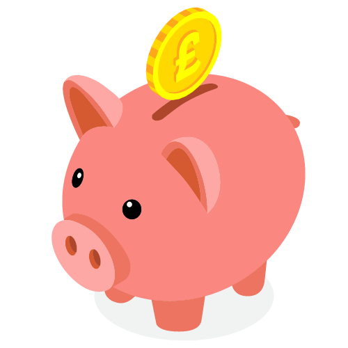 The illustration shows a piggy bank with a gold coin hovering above the top of the slot